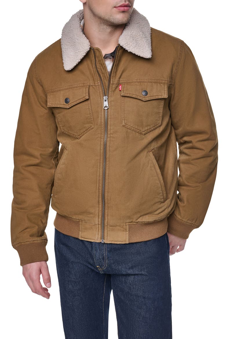Cotton Aviator Bomber Jacket with Faux Shearling Collar, Main, color, BROWN