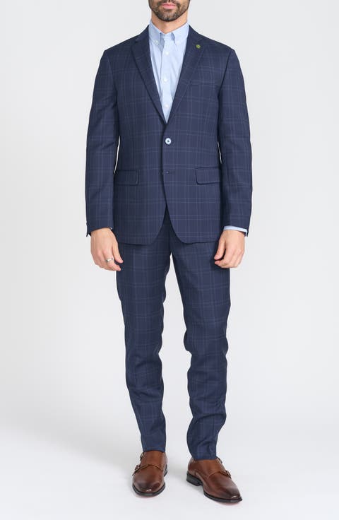 Navy Windowpane Plaid Wool Blend Suit