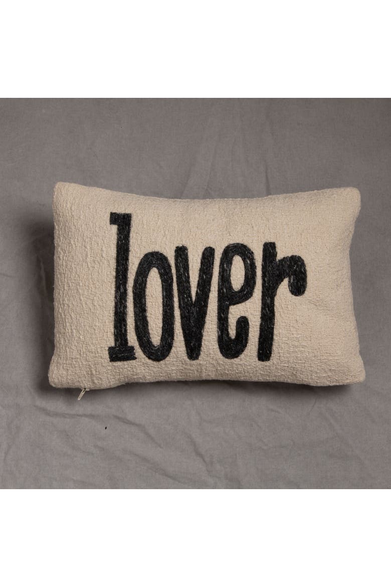 Woven Cotton Embroidered Lumbar Pillow "Lover", Cream and Grey Melange, Alternate, color, White
