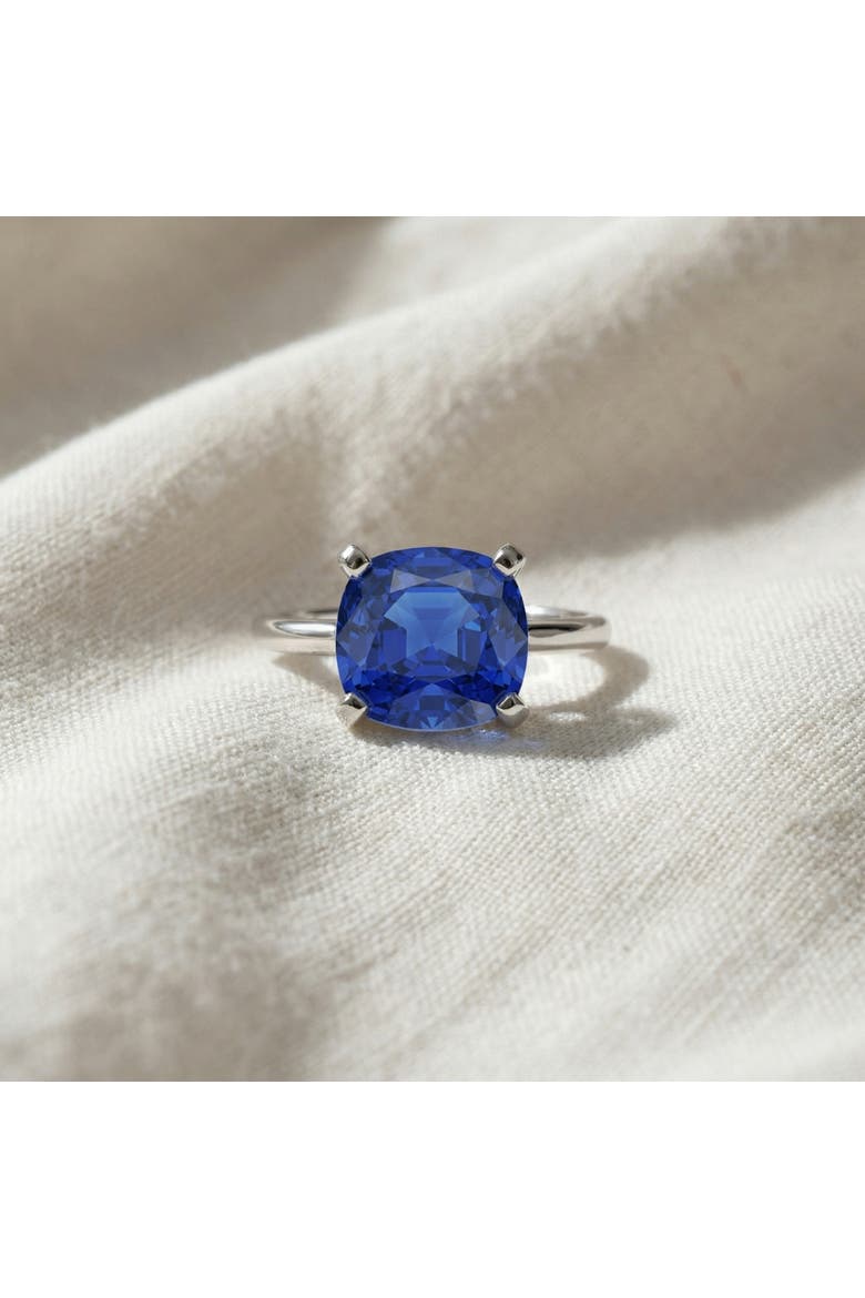 5Ct Cushion Blue Sapphire Solitaire Ring 14k Gold Lab Grown 10MM, Alternate, color, 14k White Gold