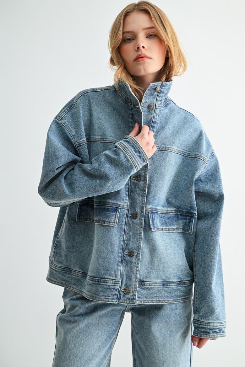 The Heritage Heavyweight Oversized Mock-Neck Denim Jacket, Main, color, Medium Wash