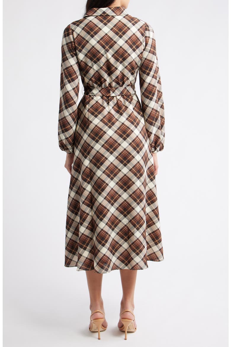 Plaid Tie Waist Long Sleeve Midi Dress, Alternate, color, BROWN MULTI