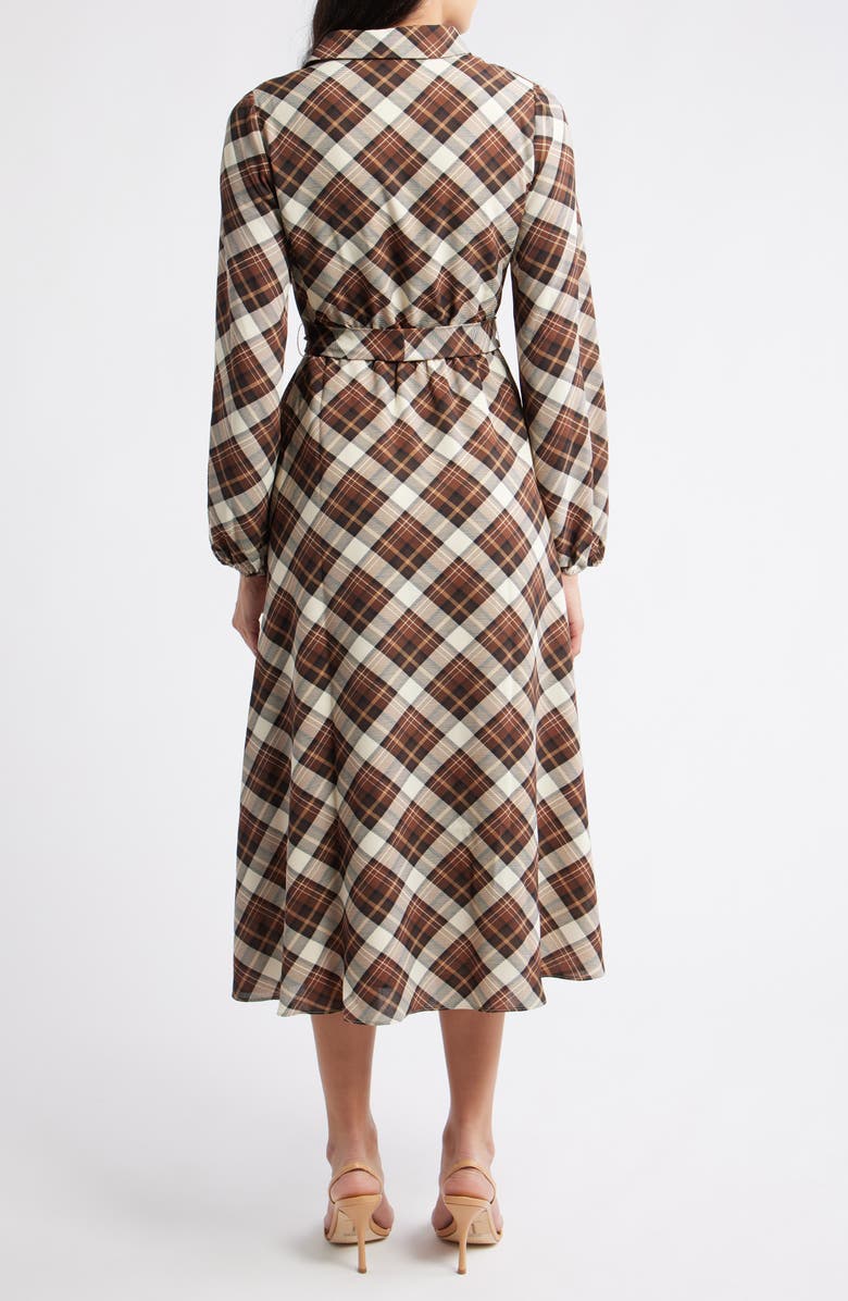 Julia Jordan Plaid Tie Waist Long Sleeve Midi Dress, Alternate, color, Brown Multi