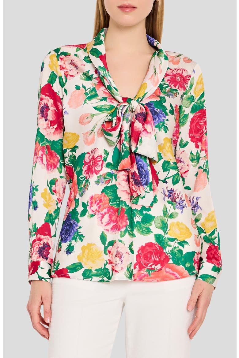 Floral Print Tie Neck Top, Main, color, IVORY MULTI