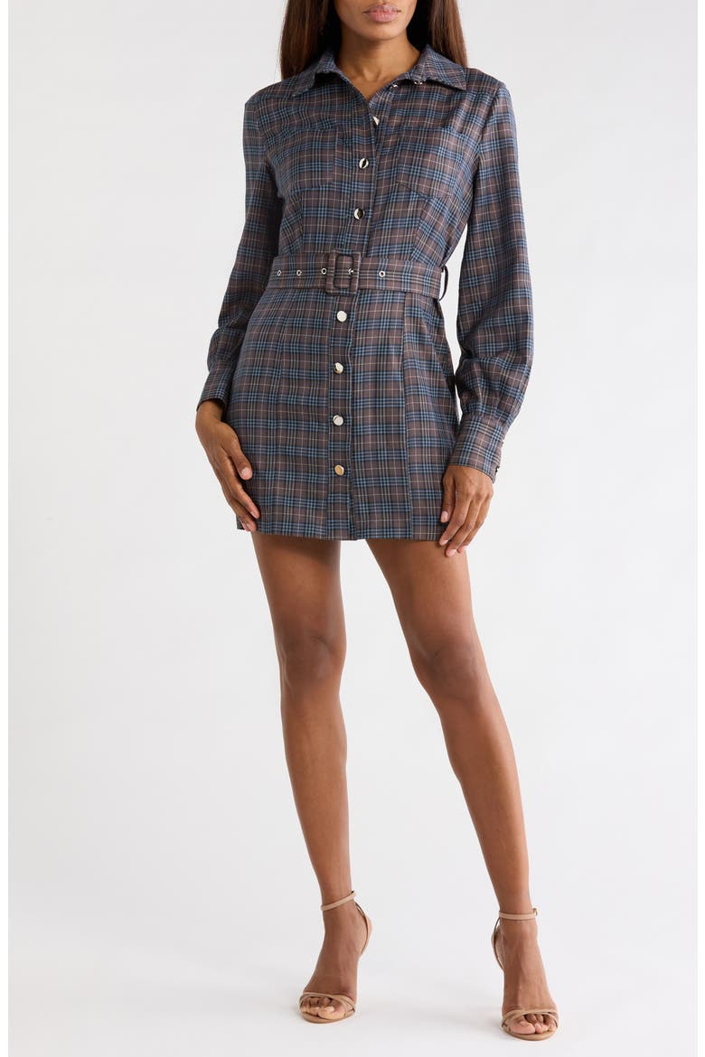 Blake Long Sleeve Plaid Mini Shirtdress, Main, color, GREY PLAID