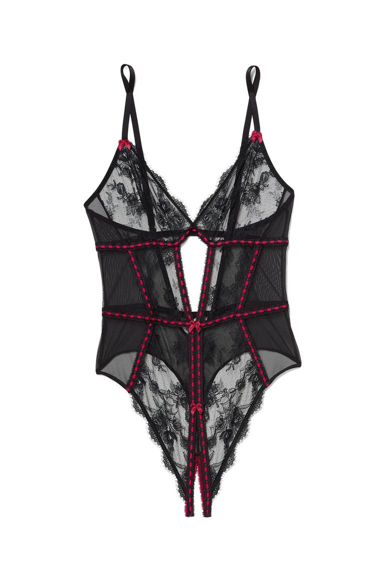 Laylia Crotchless Bodysuit Lingerie, Alternate, color, Black