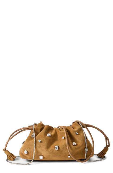 Small Stash Crystal Leather Drawstring Clutch