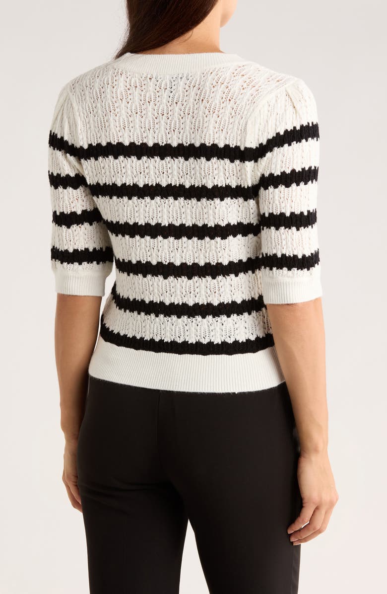 Ellen Tracy Stripe Short Sleeve Pointelle Cardigan, Alternate, color, Marshmallow