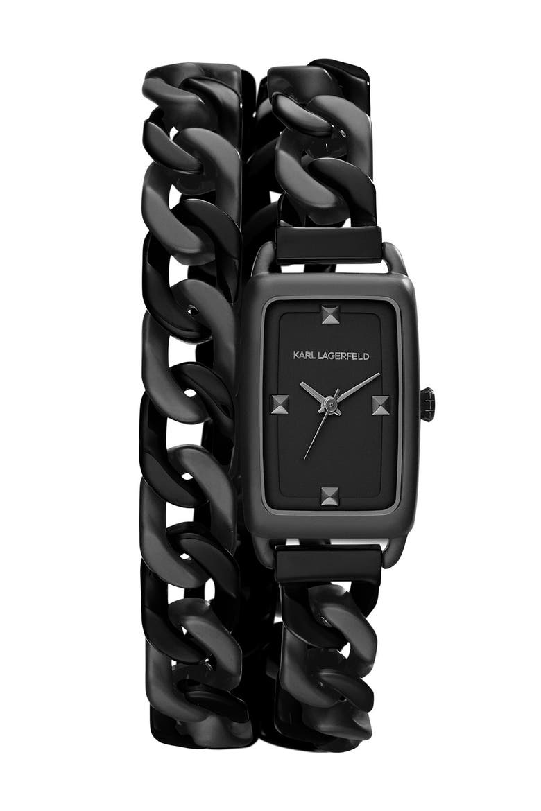 KARL LAGERFELD 'Kourbe' Double Wrap Bracelet Watch, 20mm x 30mm, Main, color, BLACK