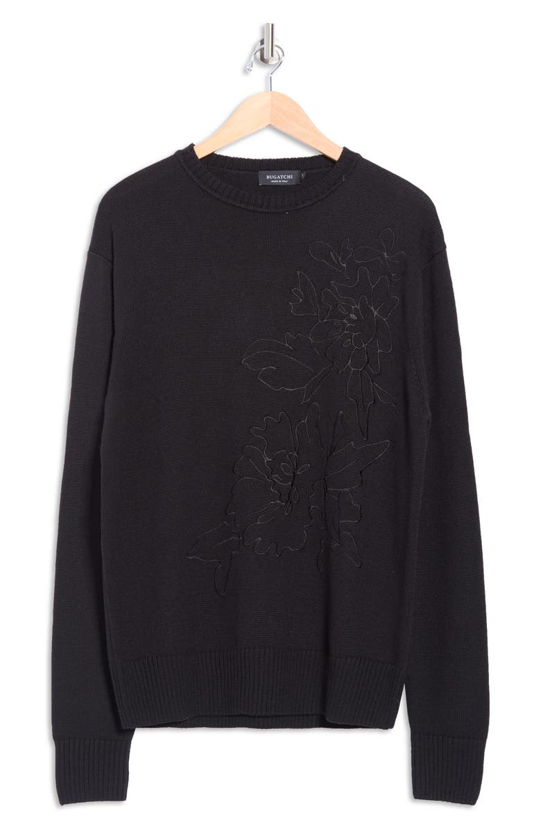 Bugatchi Embroidered Merino Wool Crewneck Sweater, Alternate, color, Caviar