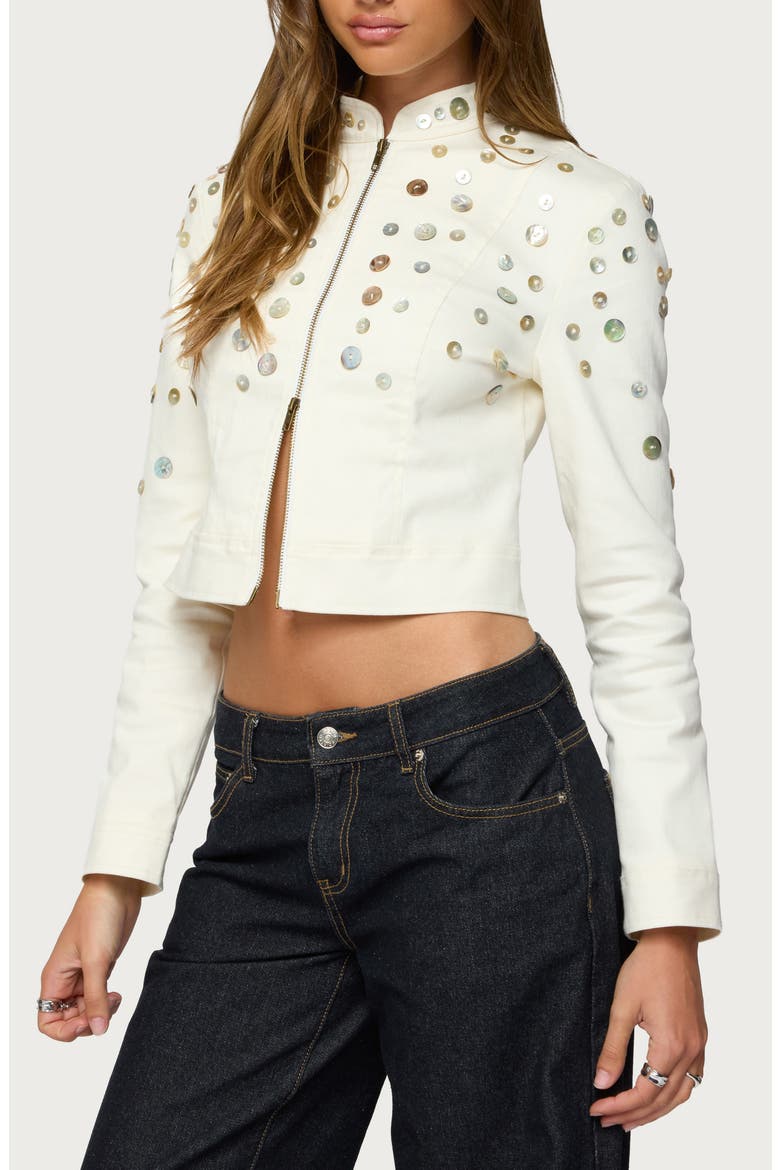 Elira Iridescent Button Crop Jacket, Alternate, color, CREAM