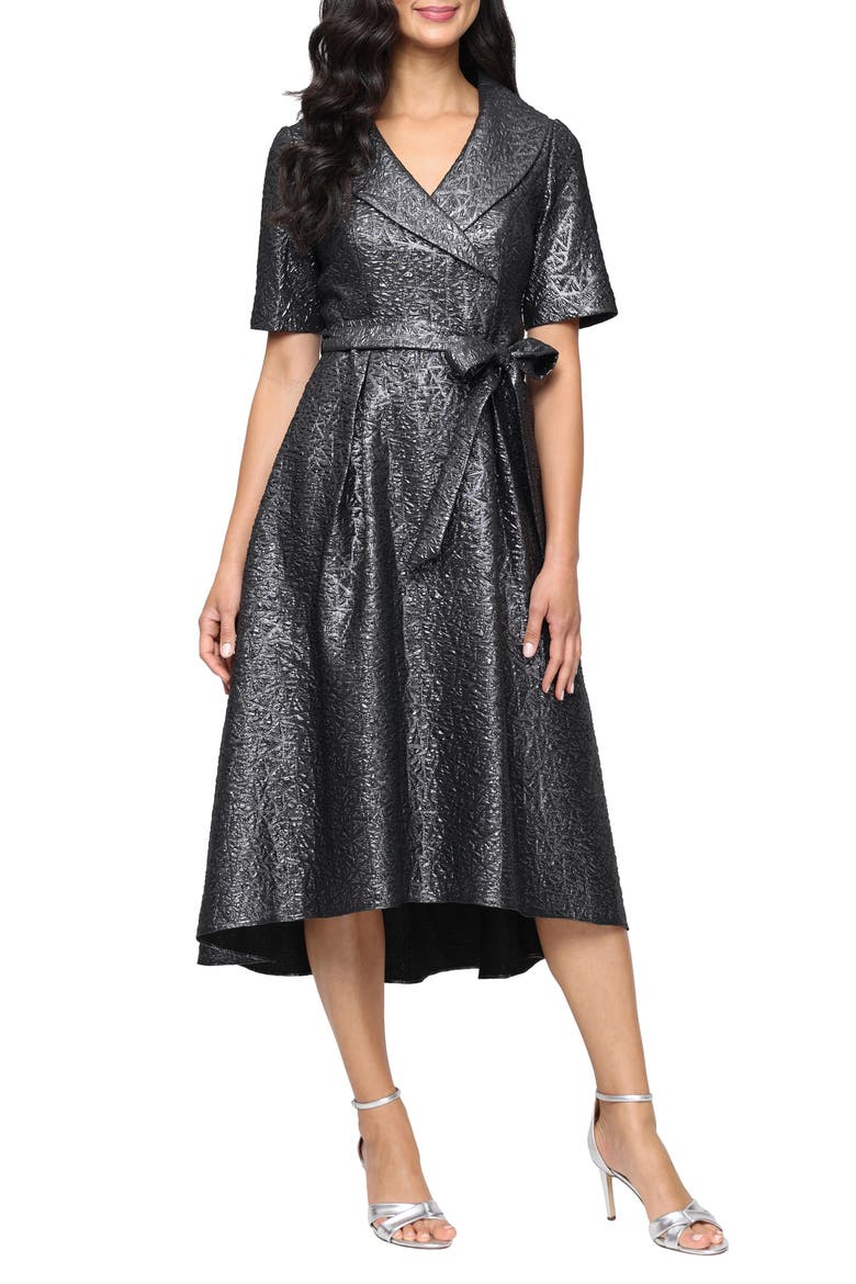 Jacquard Faux Wrap Midi Dress, Main, color, GUNMETAL