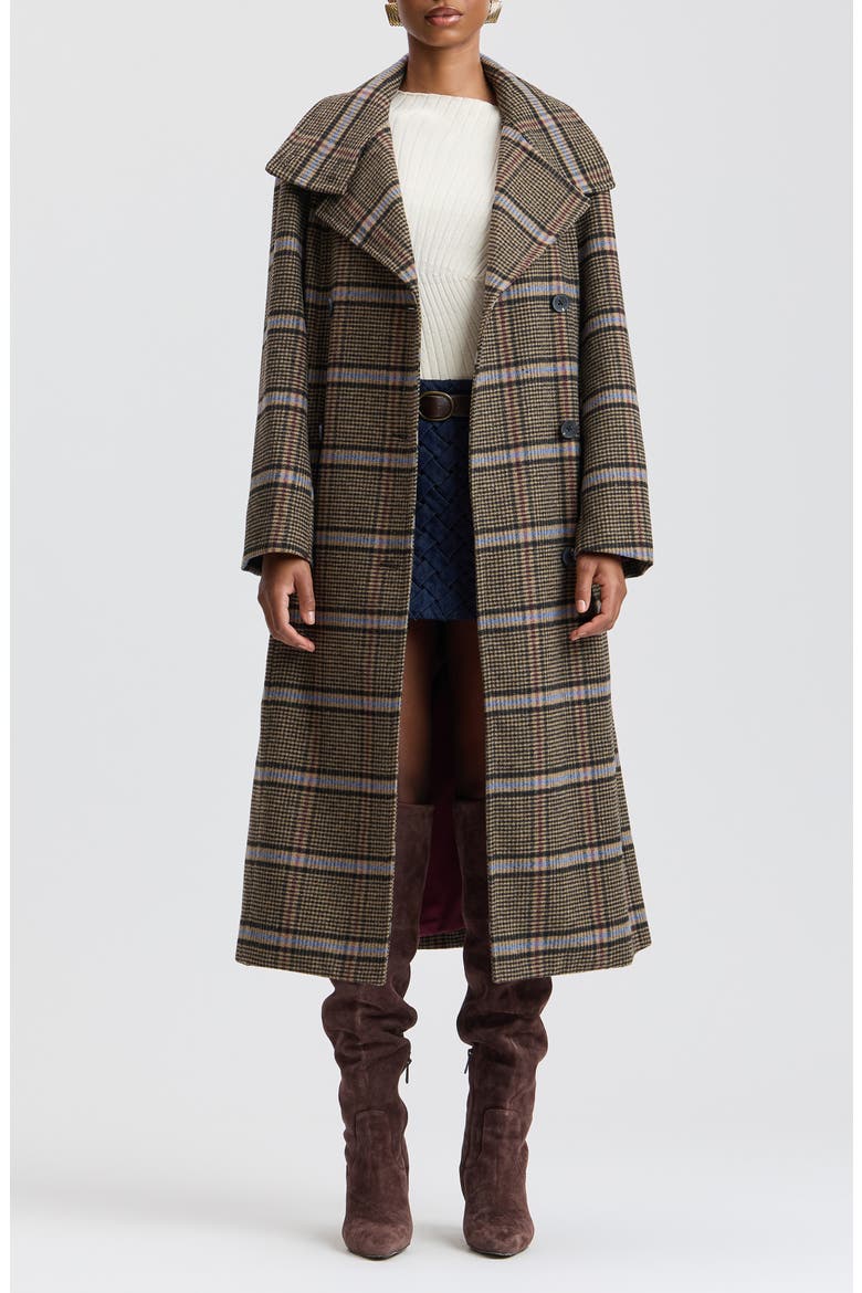 Funnel Neck Plaid Long Coat, Alternate, color, ACADEMIA PLAID