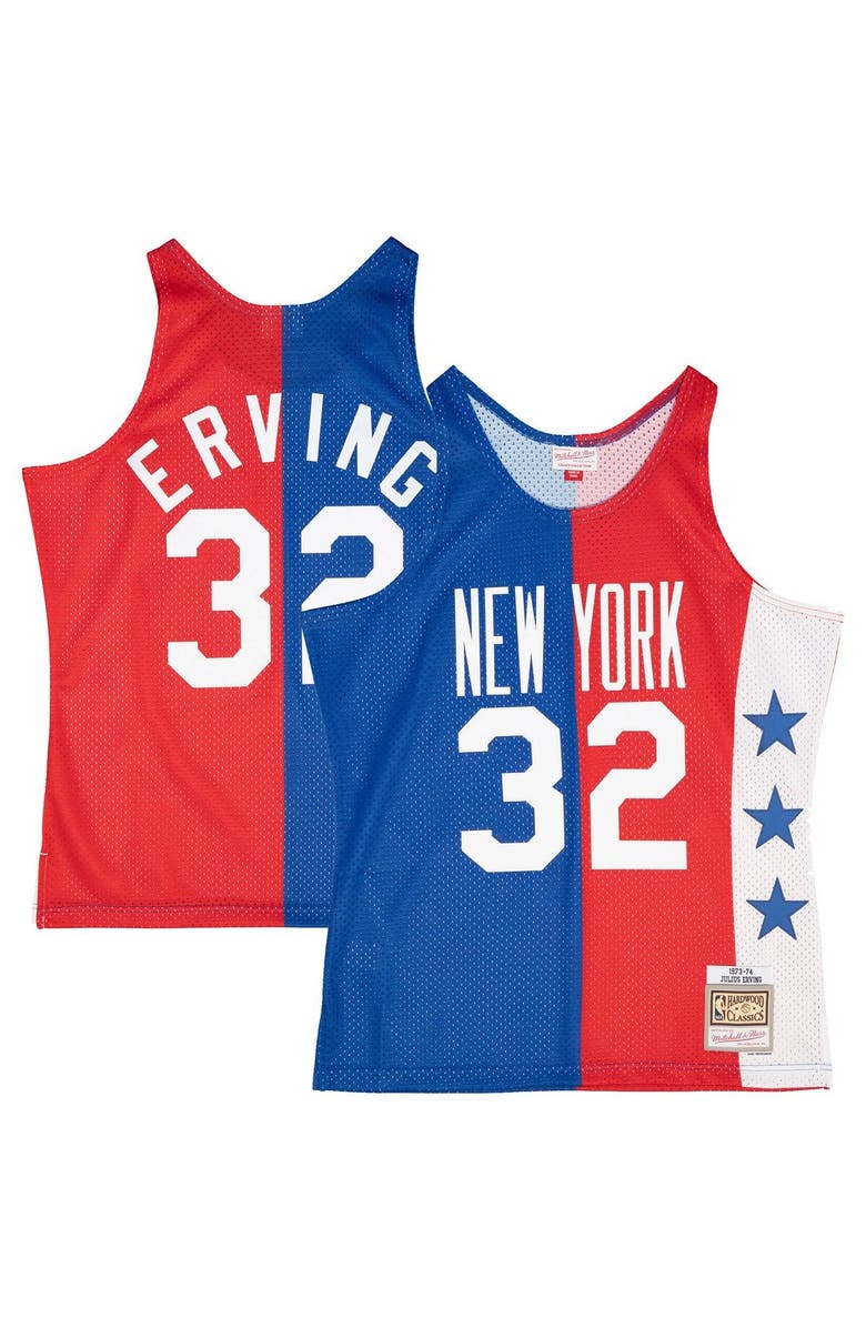 Mitchell & Ness Men's Mitchell & Ness Julius Erving Blue/Red Mitchell & Ness Hardwood Classics 1973/74 Split Swingman Jersey, Alternate, color,