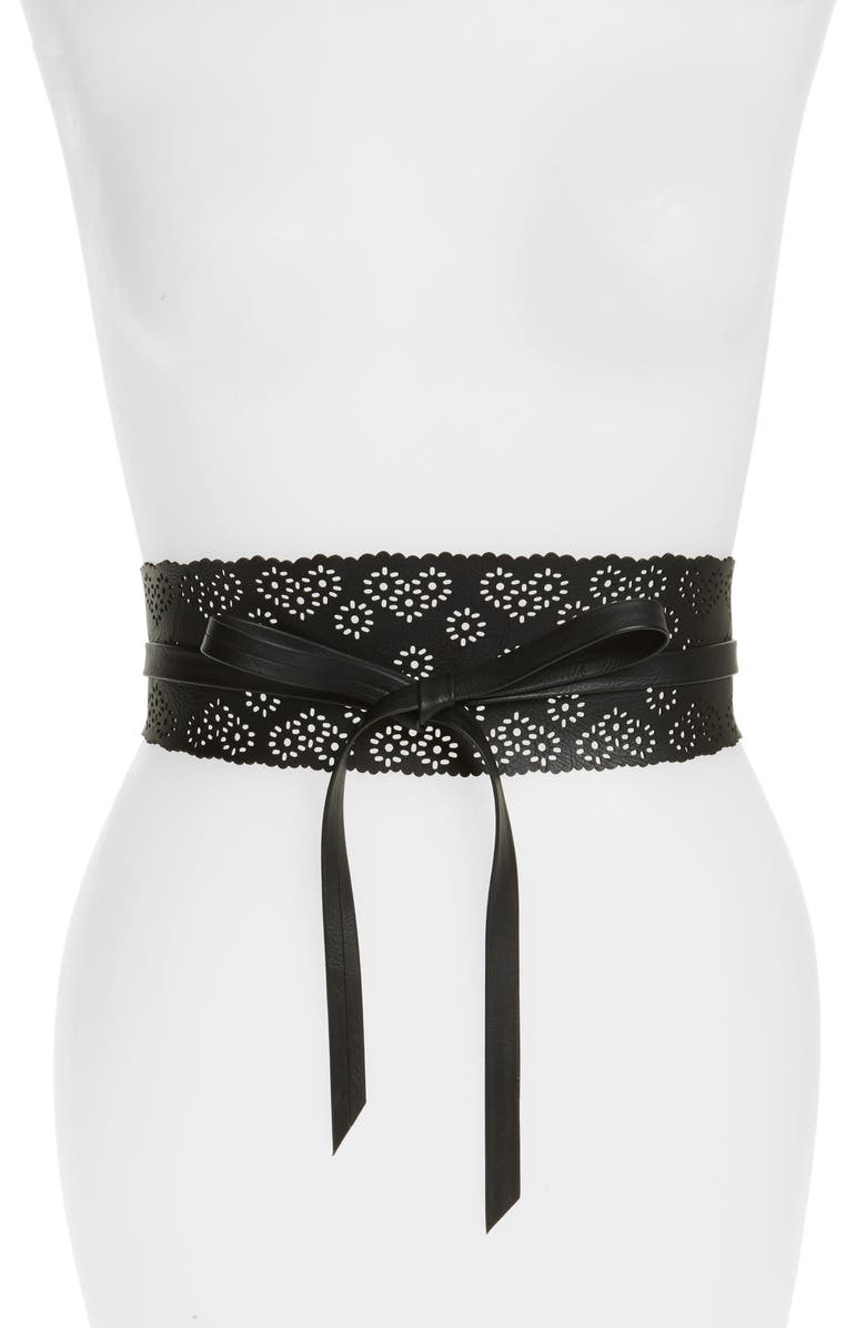 BP. Perforated Floral Faux Leather Tie Belt, Main, color,