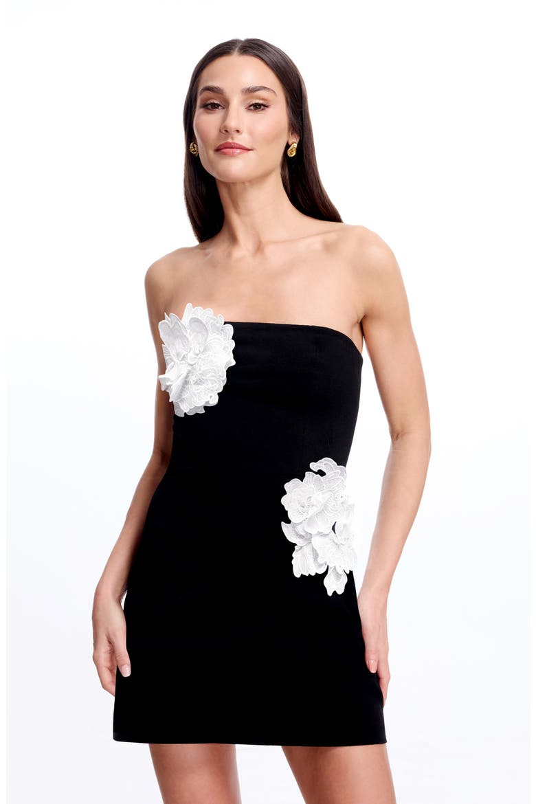 Camilla Floral Appliqué Strapless Cocktail Minidress, Alternate, color, BLACK-WHITE