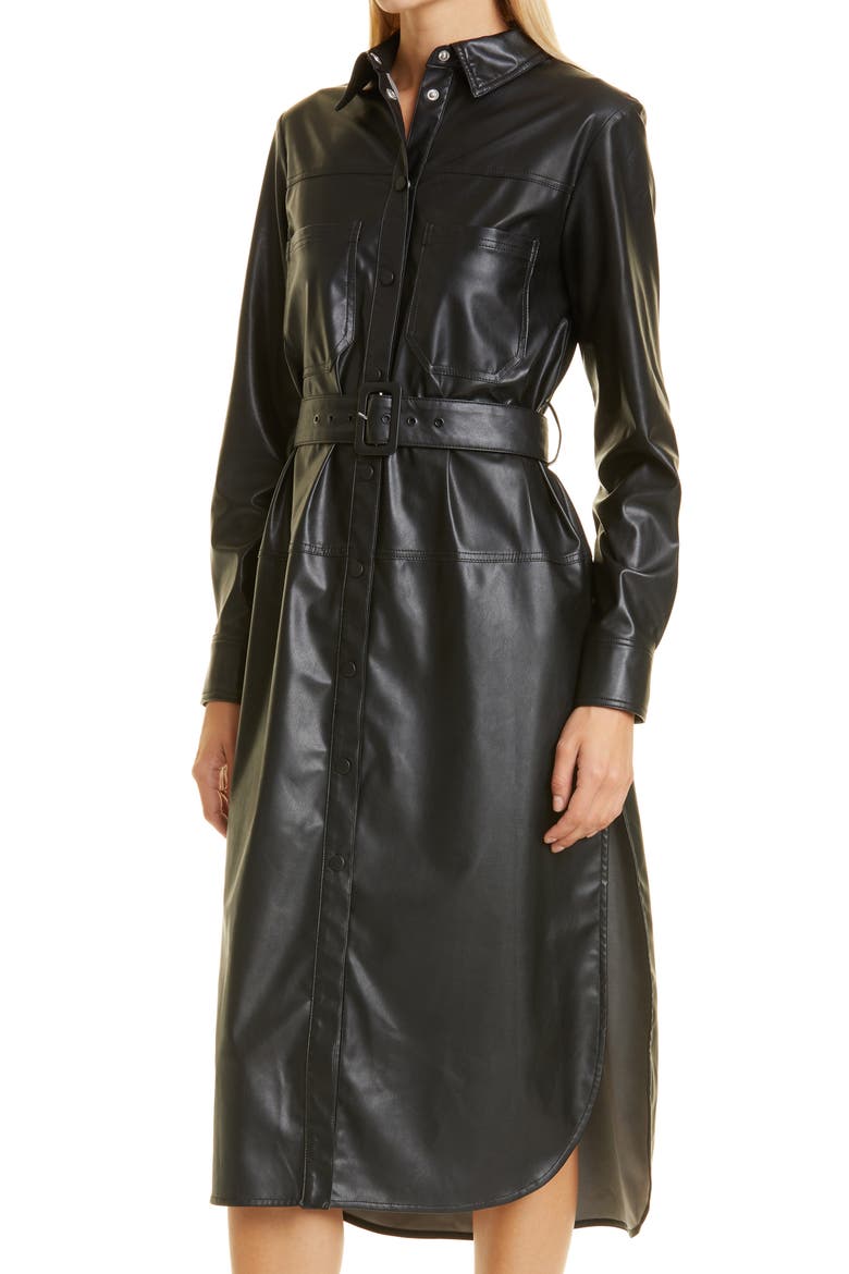 Barrkir Long Sleeve Faux Leather Shirtdress, Alternate, color, BLACK