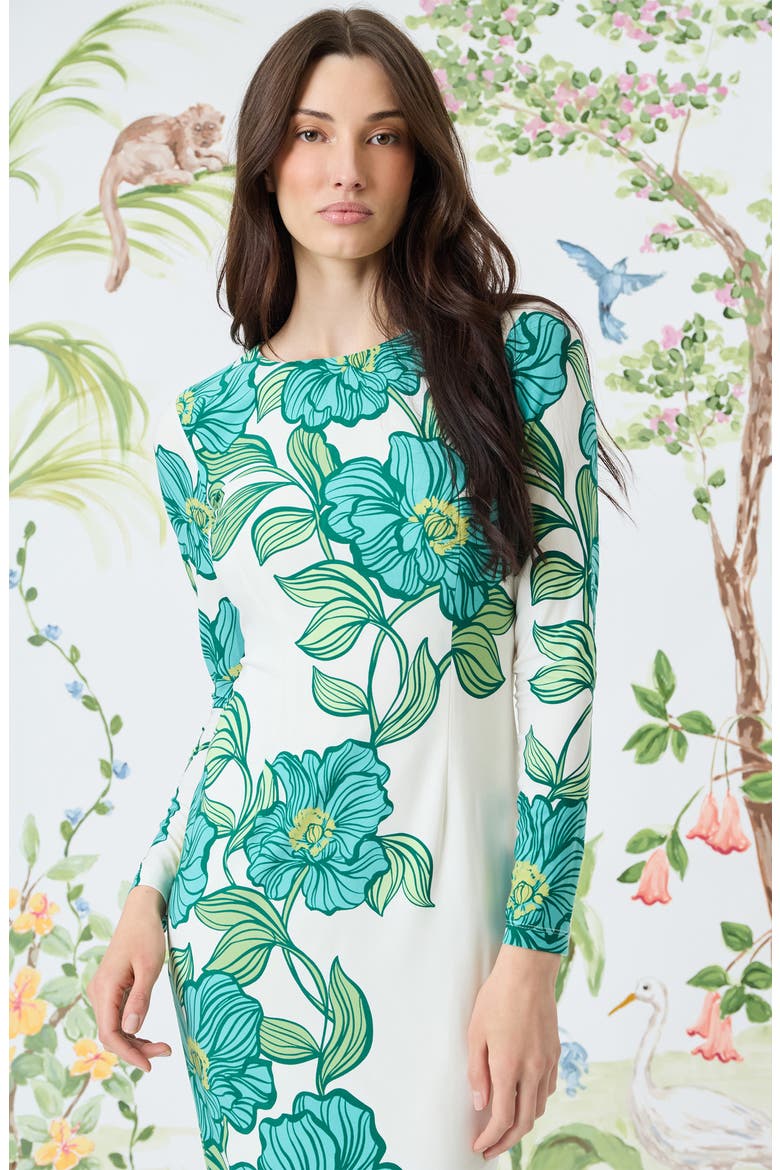 Floral Long Sleeve Knit Midi Dress, Alternate, color, WHITE/ GREEN