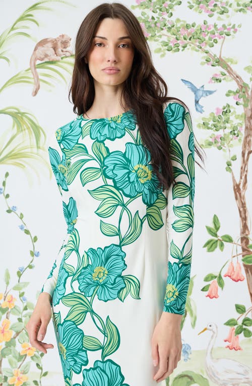 Maggy London Floral Long Sleeve Knit Midi Dress In White/green