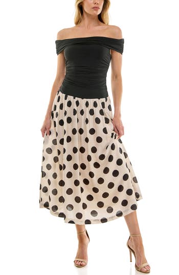 Socialite Off-the-shoulder Mix Media Midi Dress