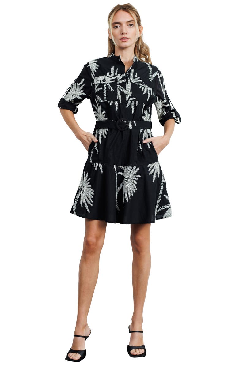 CIEBON Siobhan Embroidered Long Sleeve Belted Cotton Shirtdress, Alternate, color, Black