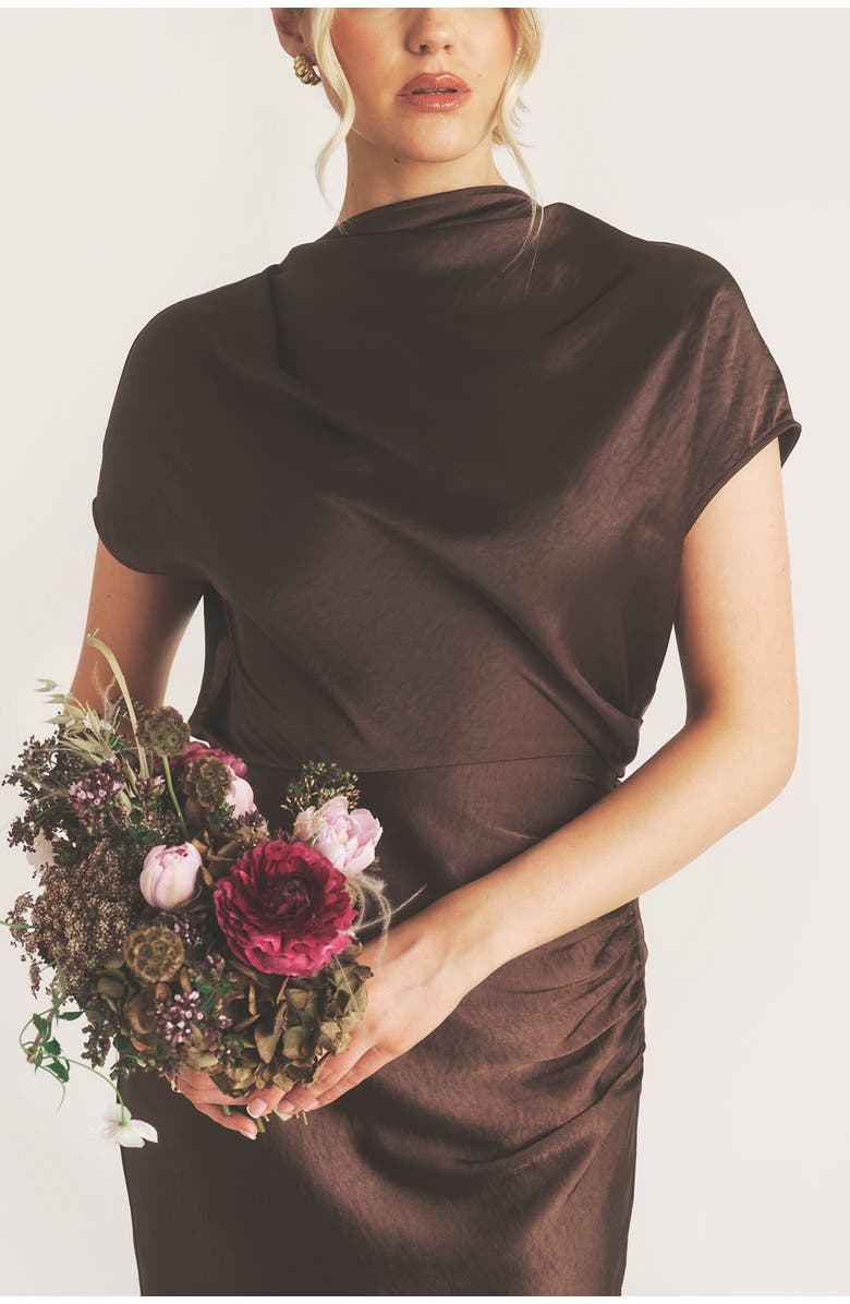 Six Stories Batwing High Neck Satin Bridesmaid Dress, Alternate, color, Chocolate