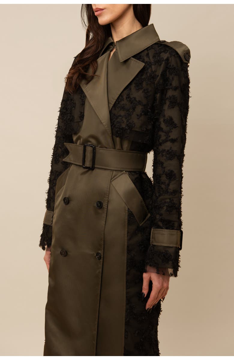 Contessa Mills Claw Lace-Trimmed Elegant Cinched Trench Coat, Alternate, color, Black