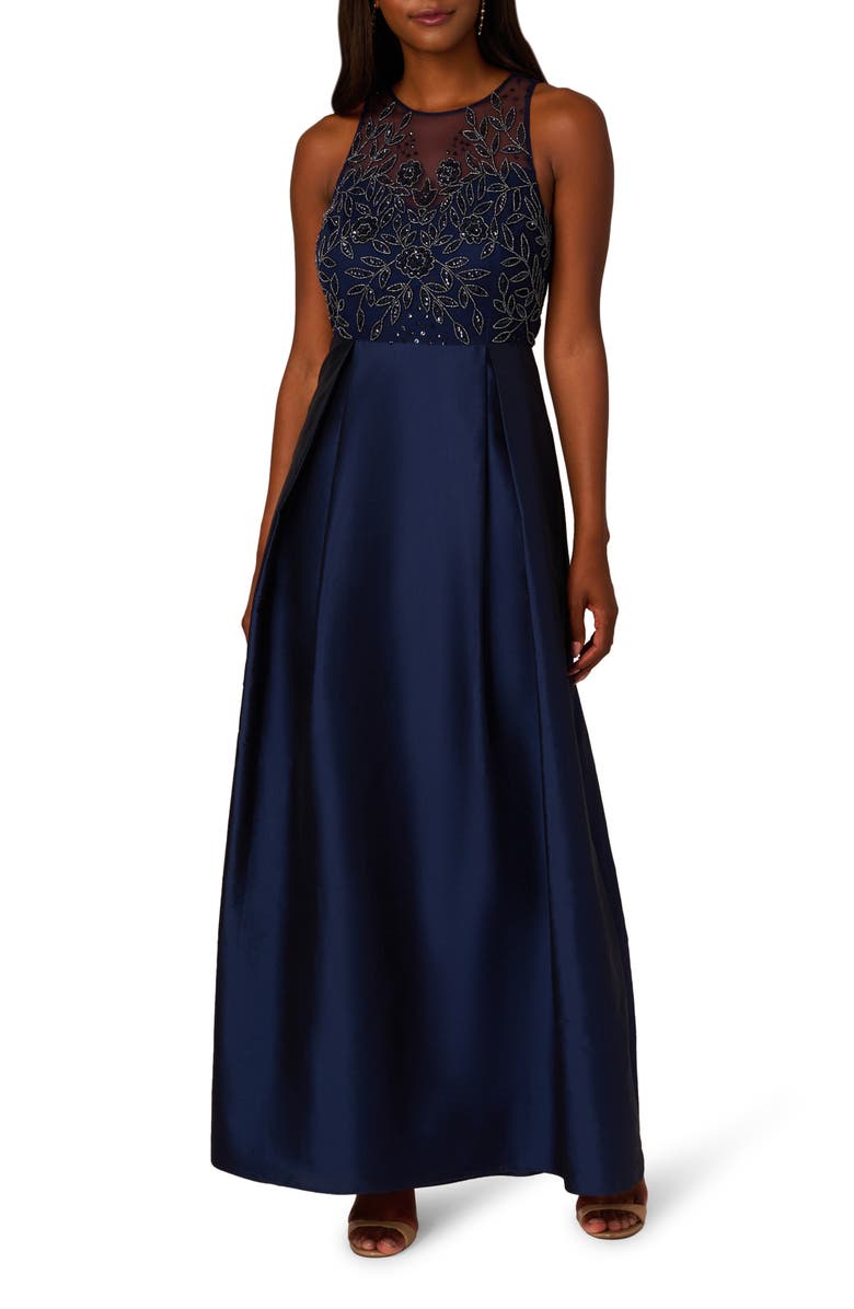 Adrianna Papell Beaded Mesh & Taffeta Ballgown, Main, color, 