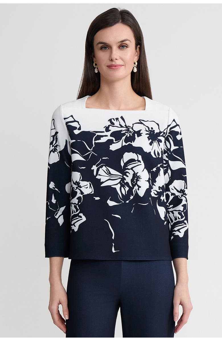 Ming Wang Floral Print Stretch Deco Crepe Blouse, Main, color, Indigo/White