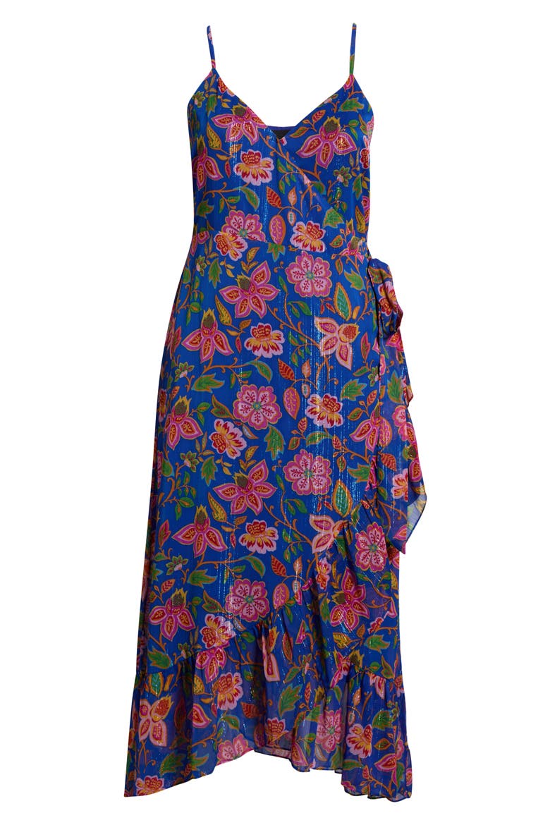 Wendey Metallic Floral Ruffle Cocktail Wrap Dress, Alternate, color, BLUE-MULT