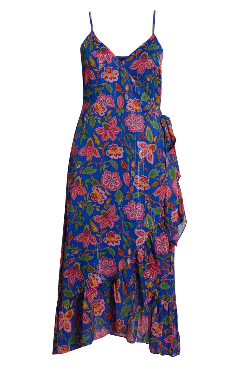 SUGARLIPS Wendey Metallic Floral Ruffle Cocktail Wrap Dress, Alternate, color, Blue-Mult