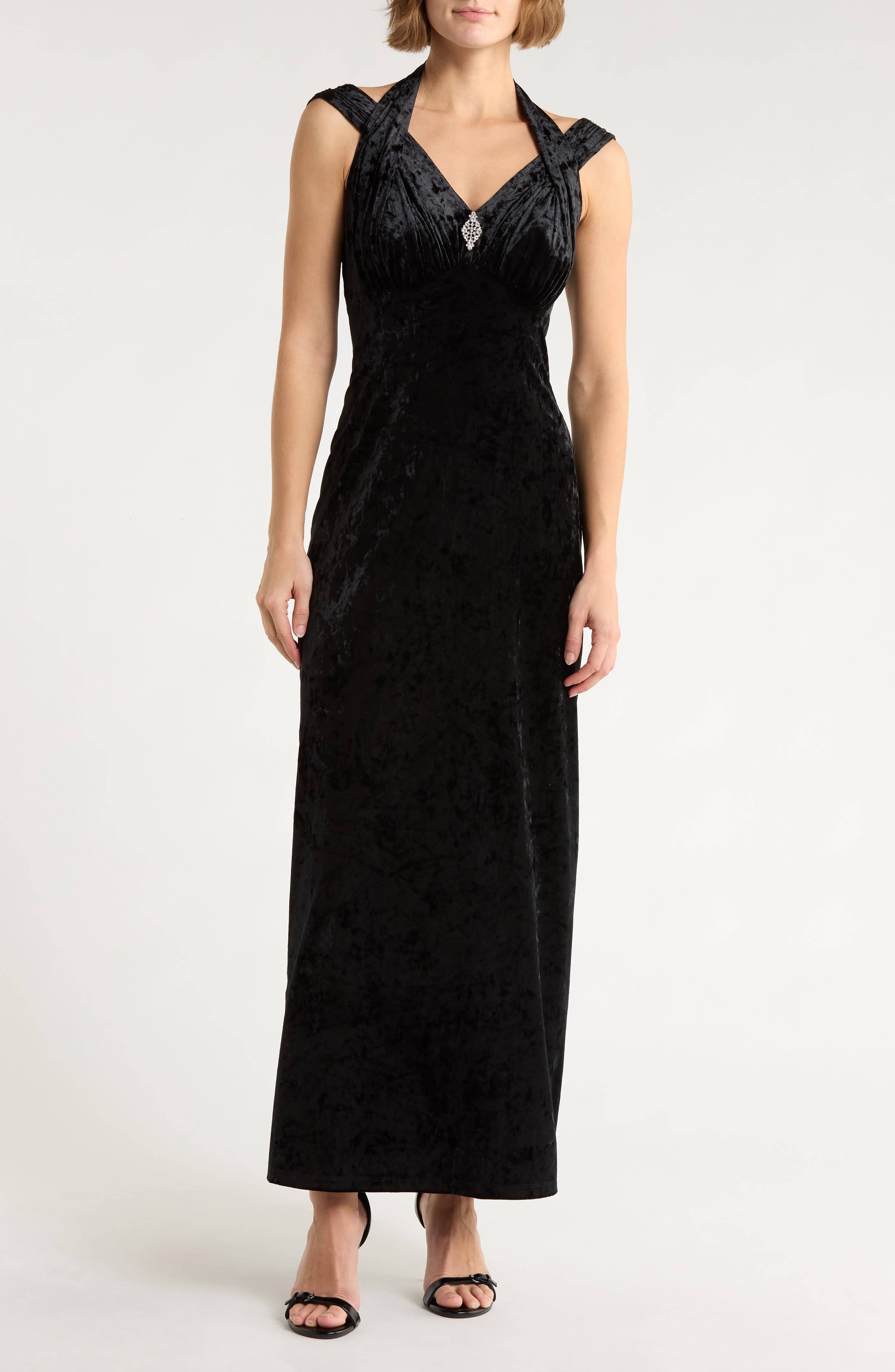 Connected Apparel Crystal Velvet Halter Gown