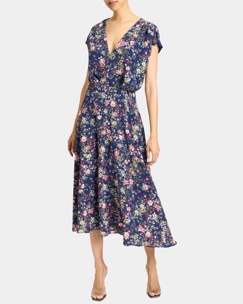 Santorelli Talia Cap Sleeve Midi Dress In Stretch Floral Print In Blue