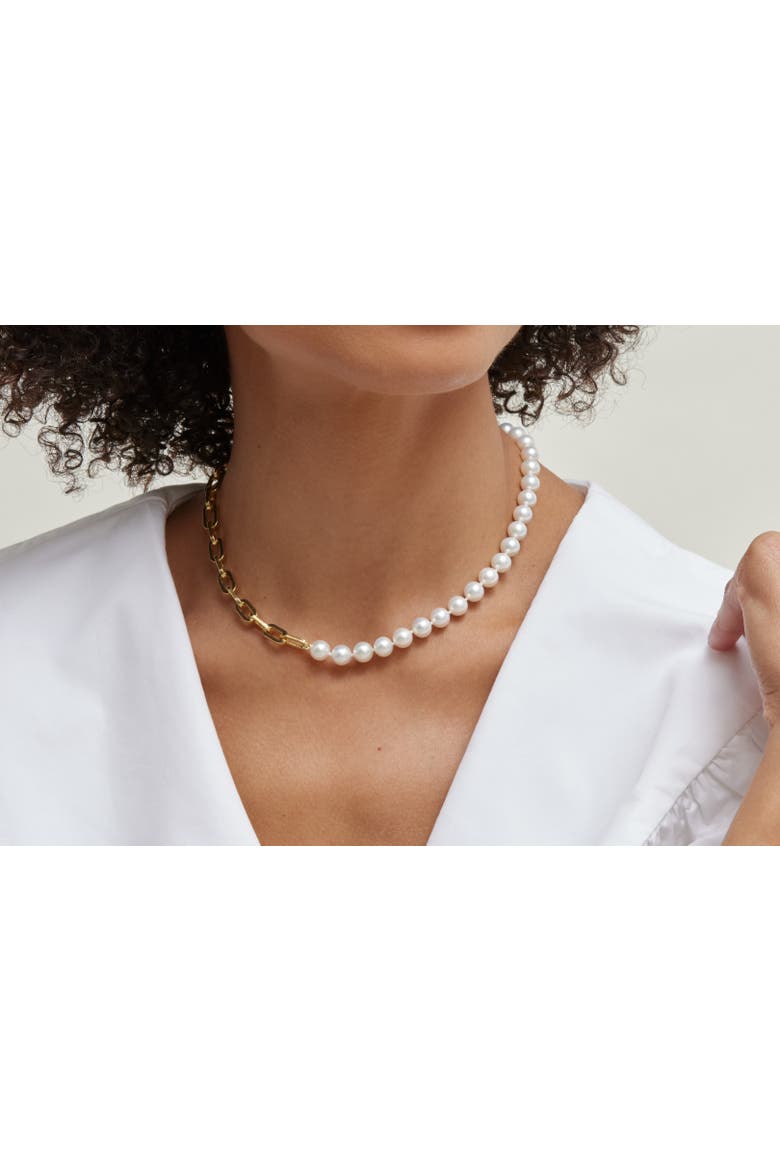 7mm White Freshwater Scarlett Pearl & Chain Necklace, Alternate, color, Yellow Gold Fill