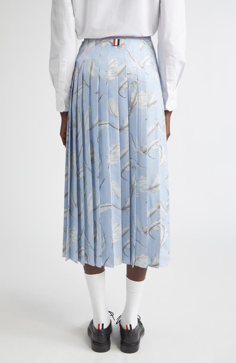 Thom Browne Pleated Feather Print Silk Twill Midi Skirt, Alternate, color, Light Blue