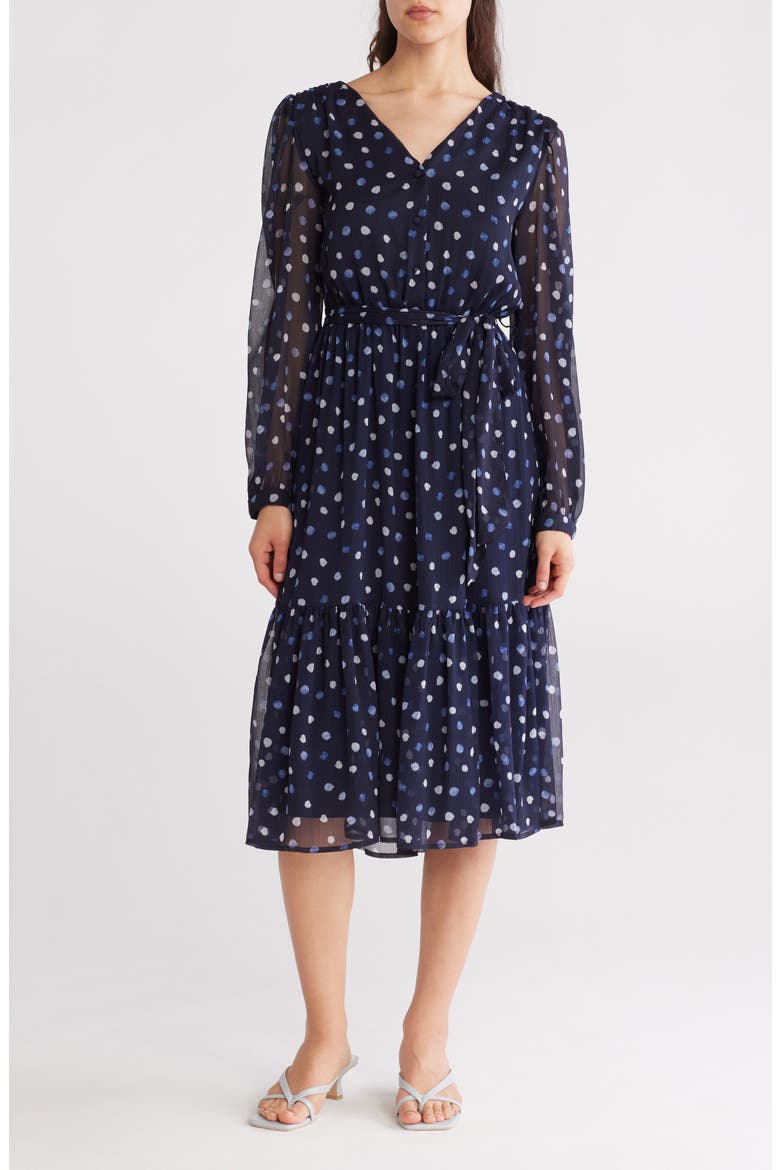 DKNY Polka Dot Long Sleeve Chiffon Midi Dress (Women)