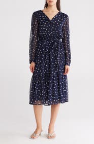 DKNY Polka Dot Long Sleeve Chiffon Midi Dress