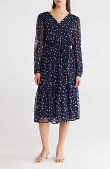 DKNY Polka Dot Long Sleeve Chiffon Midi Dress