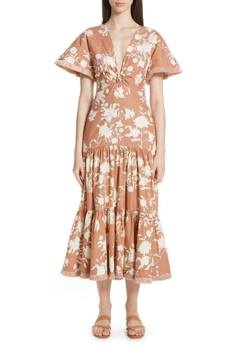 Tea House Raffia Trim Floral Print Dress, Main, color, CAMEL/ ECRU