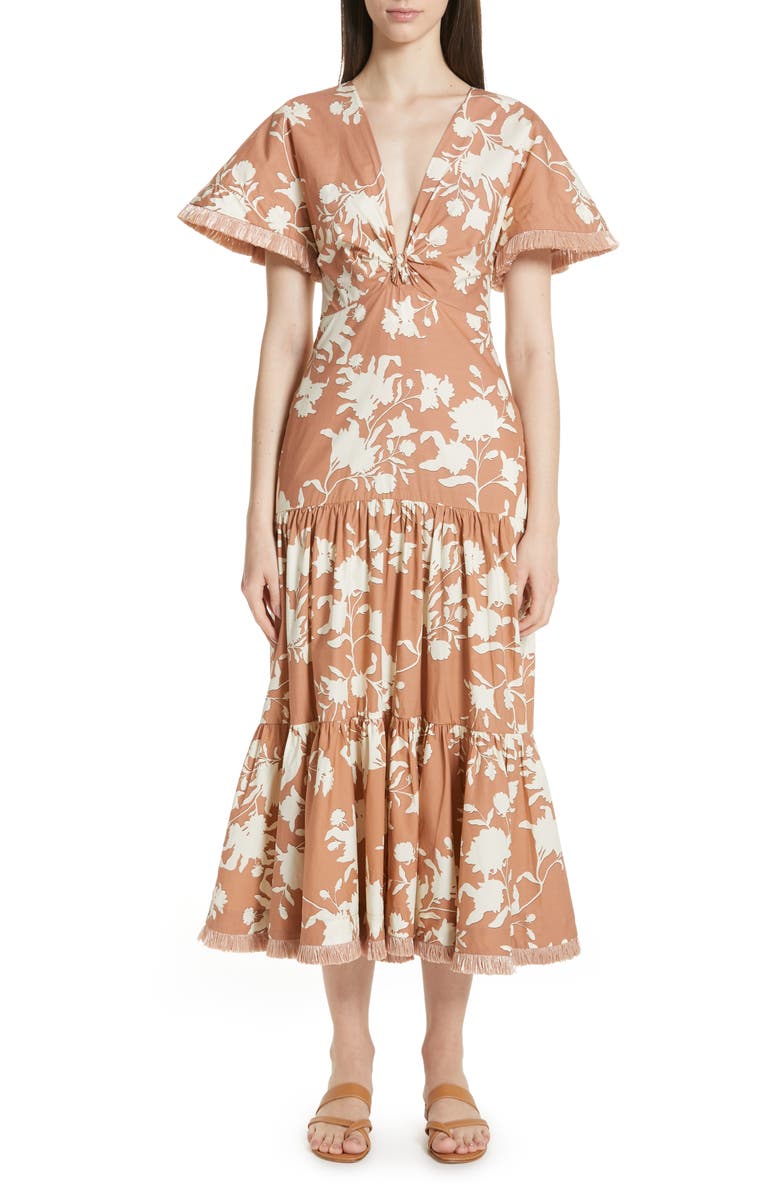 Johanna Ortiz Tea House Raffia Trim Floral Print Dress, Main, color, 