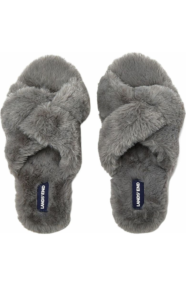 Lands' End Fluffy Slide House Slippers, Main, color, Dark Gray