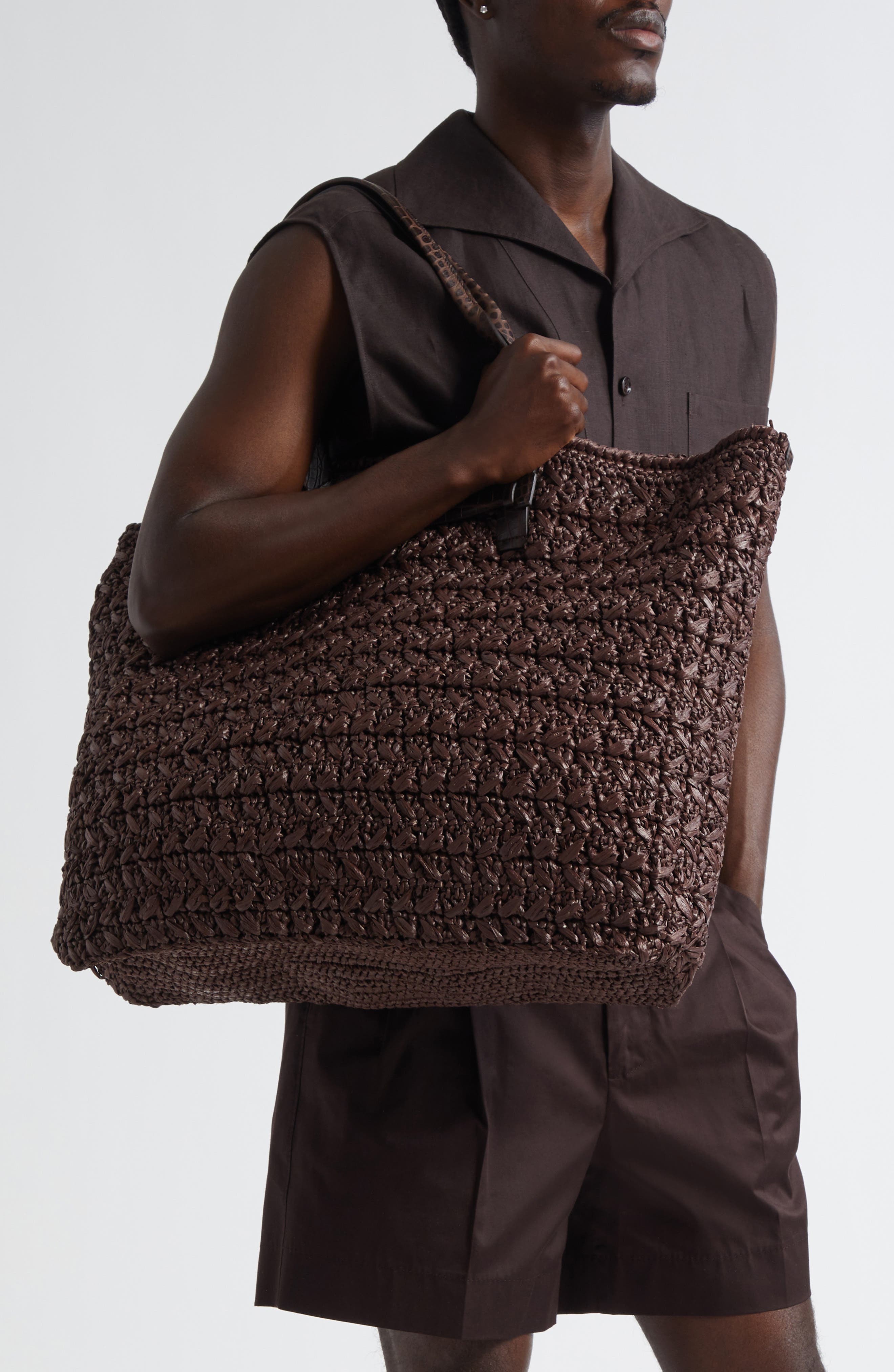 Dolce&Gabbana Adamo Raffia Shopper Bag, Alternate, color, Moro/ Ebano