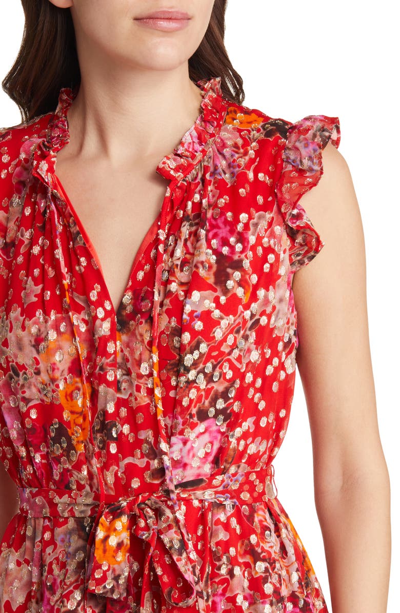 KOBI HALPERIN Brook Metallic Tie Waist Tiered Silk Blend Dress, Alternate, color, Flame Orange Multi