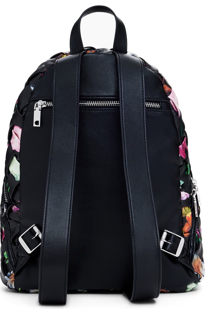 Desigual Mini Floral Woven Faux Leather Backpack, Alternate, color, Black