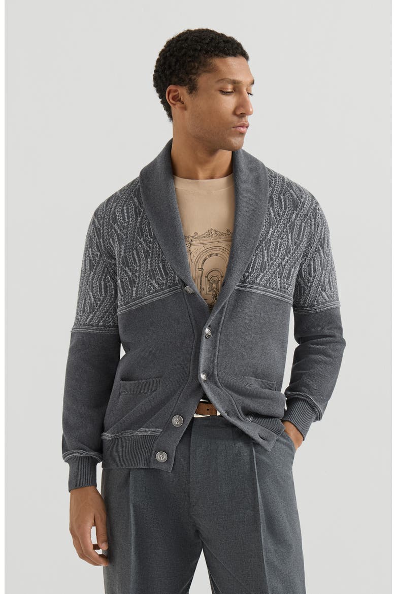 Cotton shawl collar cardigan with jacquard cable shoulder, Main, color, Medium Grey