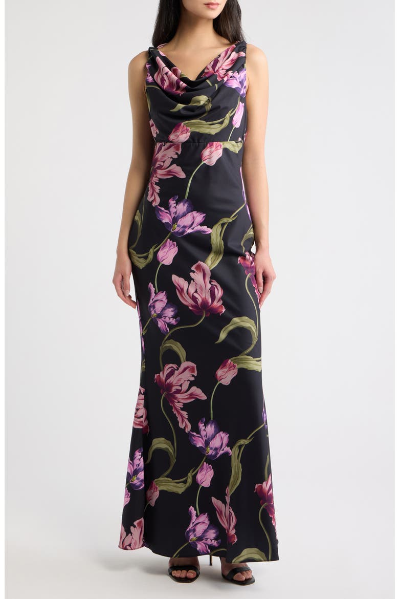Calluna Floral Print Cowl Neck Maxi Dress, Main, color, BLACK MULTI
