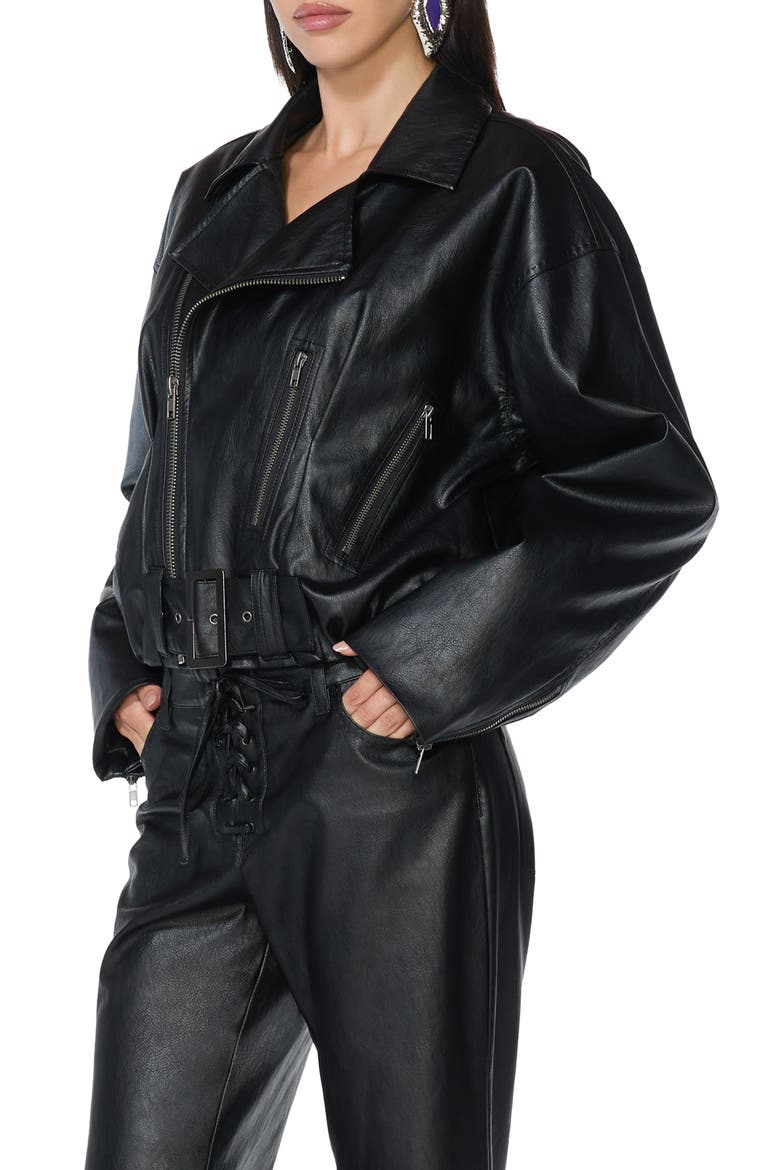 Belted Faux Leather Bubble Jacket, Alternate, color, NOIR
