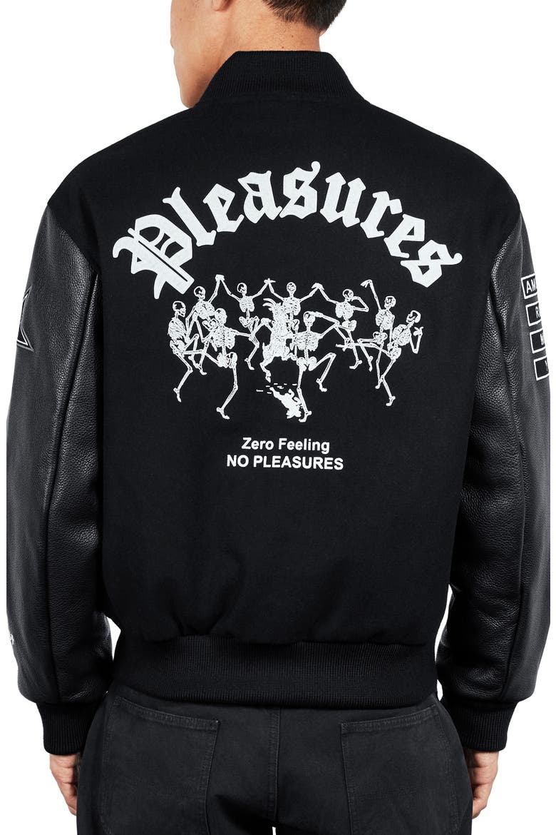 X Zero Skateboards Pleasures Varsity Jacket, Alternate, color, BLACK