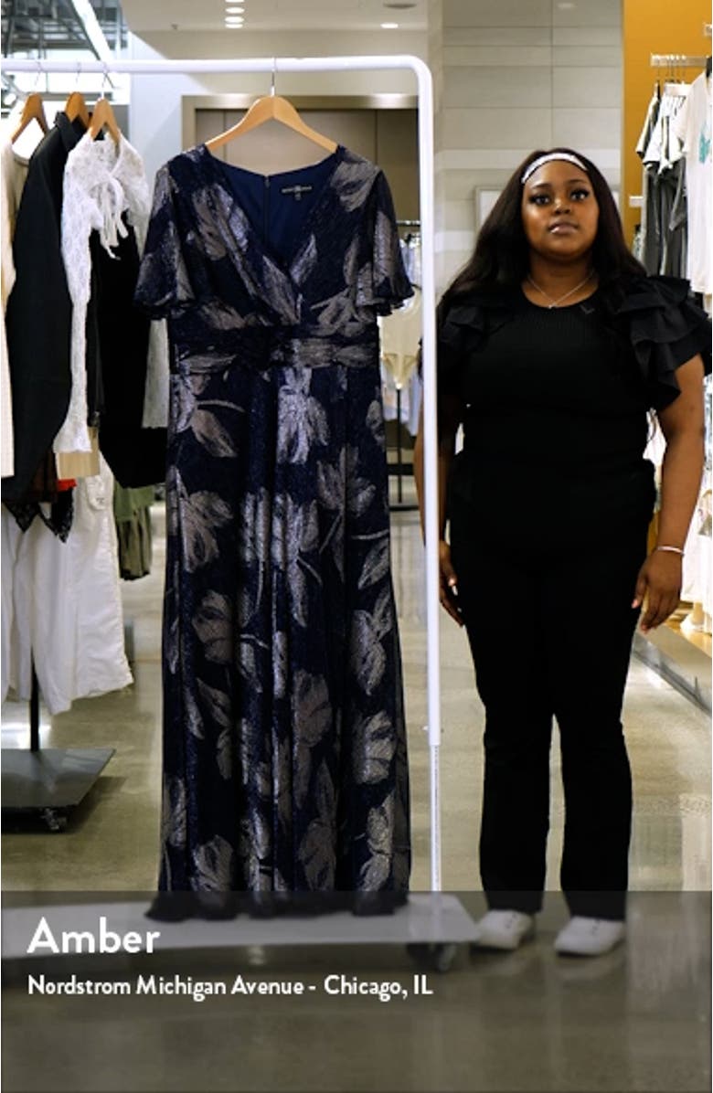 Floral Foil Print Flutter Sleeve Gown, sales video thumbnail