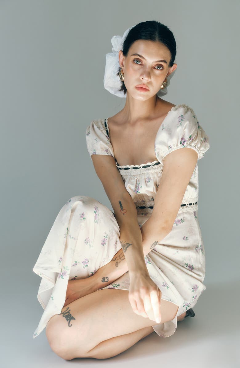 MAUDE CLUB Bambi Ditsy Floral Lace Trim Open Back Dress, Alternate, color, Blossom Print